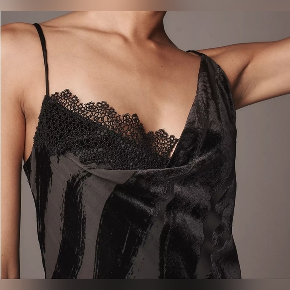 By Anthropologie Cowl-Neck Velvet & Lace Midi Slip Dress, Black Motif, LARGE - Picture 8 of 14
